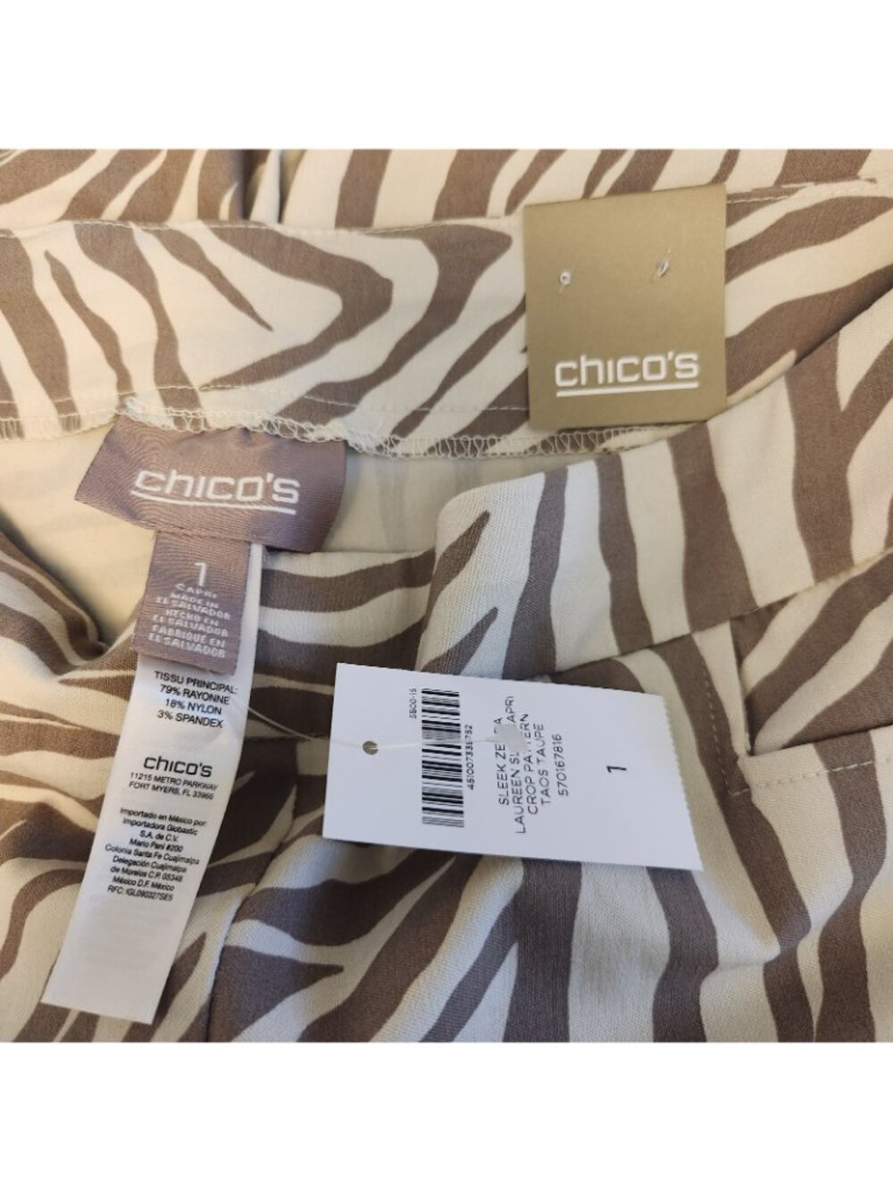 Chicos Brown Gray & Ivory Zebra Cropped Capri Pants Stretch Size 1 MEDIUM NEW - Picture 6 of 6